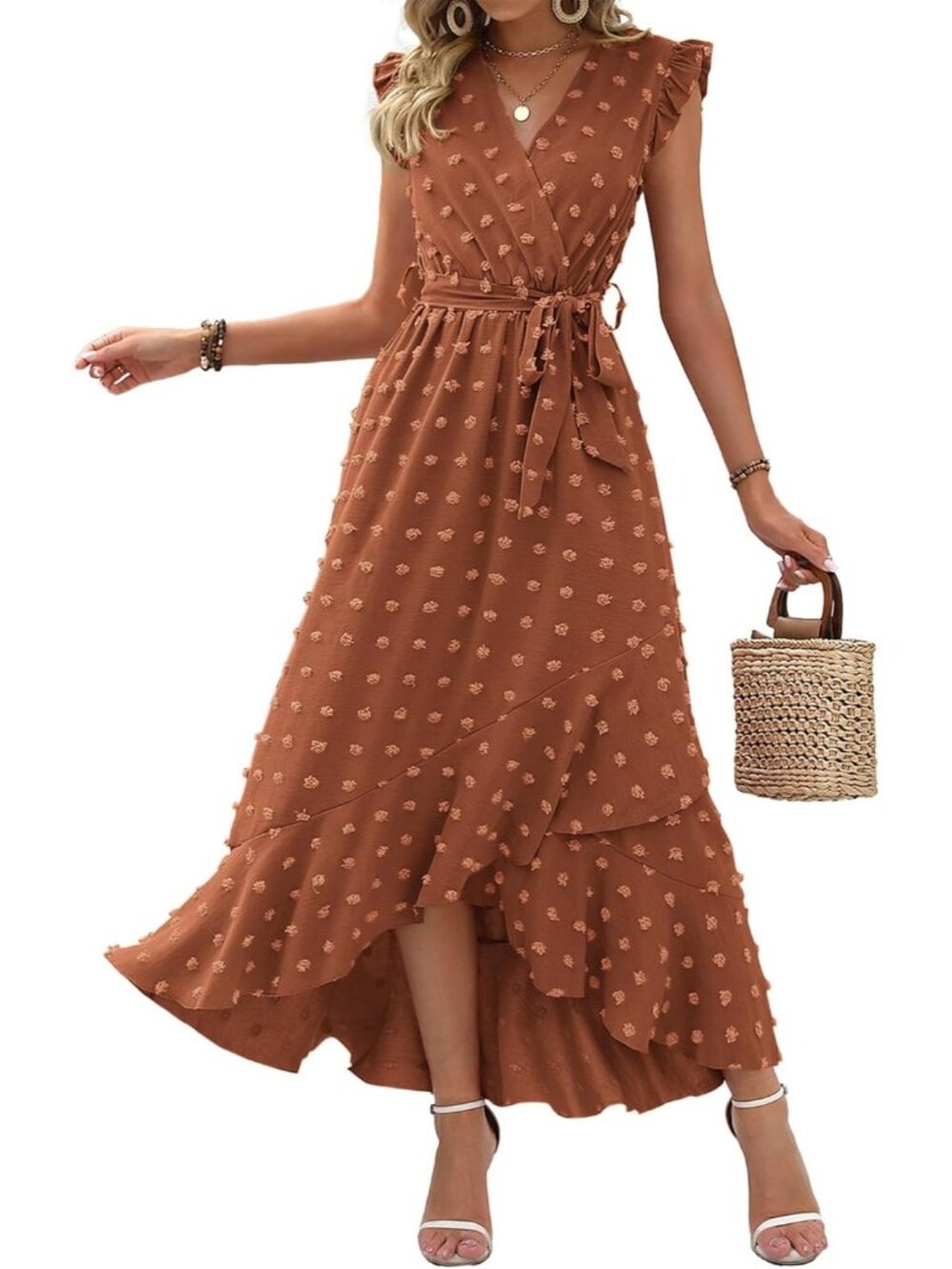 Women's Orange Red Dot Cap Sleeve V Neck Tie Waist Imported Causal Maxi Dress